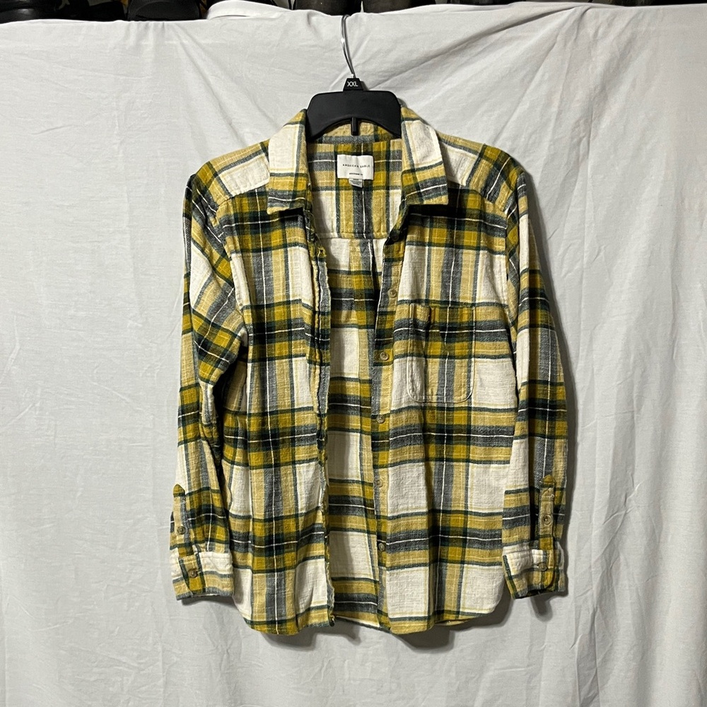 American Eagle Yellow and Green Plaid Shirt